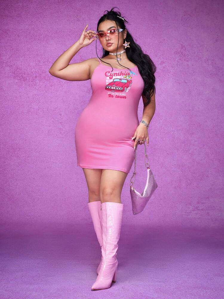 Plus Car And Slogan Graphic Slip Jersey  Pink Summer Dress