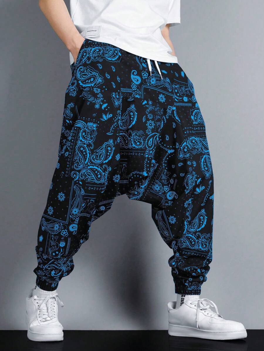 Manfinity Homme Men's Loose Fit Drop Crotch Pants With Paisley Pattern Print And Slant Pockets, For Fall - Multicolor - View 1