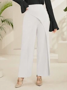 Mulvari Ladies' Fashionable Asymmetrical Cut Solid Color Wide Leg Pants With Elegant Design Fall Cloth For Women - White - View 6