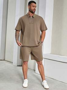 Manfinity Homme Nam Kích thước lớn Dây kéo Ngắn tay Áo thun Với Một nửa thân trước Vòng cổ Và Quần short Giải trí Bộ - màu nâu - Xem 4