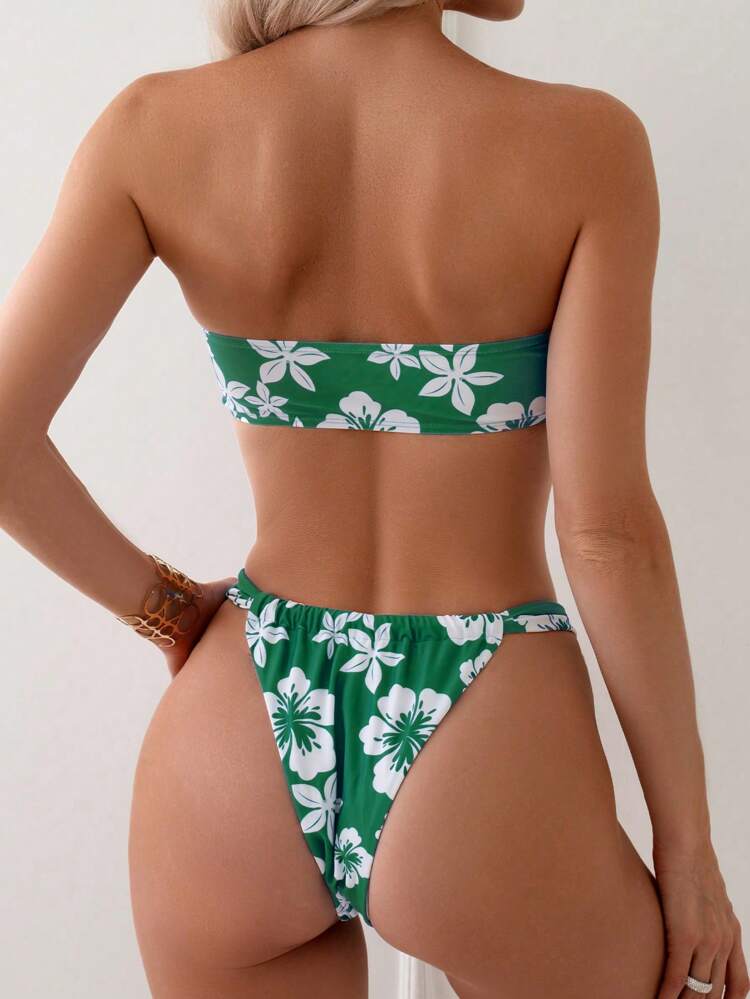 Women's Floral Printed Twist Front Bandeau Bikini Set, Vacation Style Summer