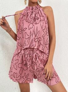 Breezaya Printed Wide Leg Culottes & Toothpick Pleated Loose Fit Top Casual Set, Suitable For Summer - Pink - View 6