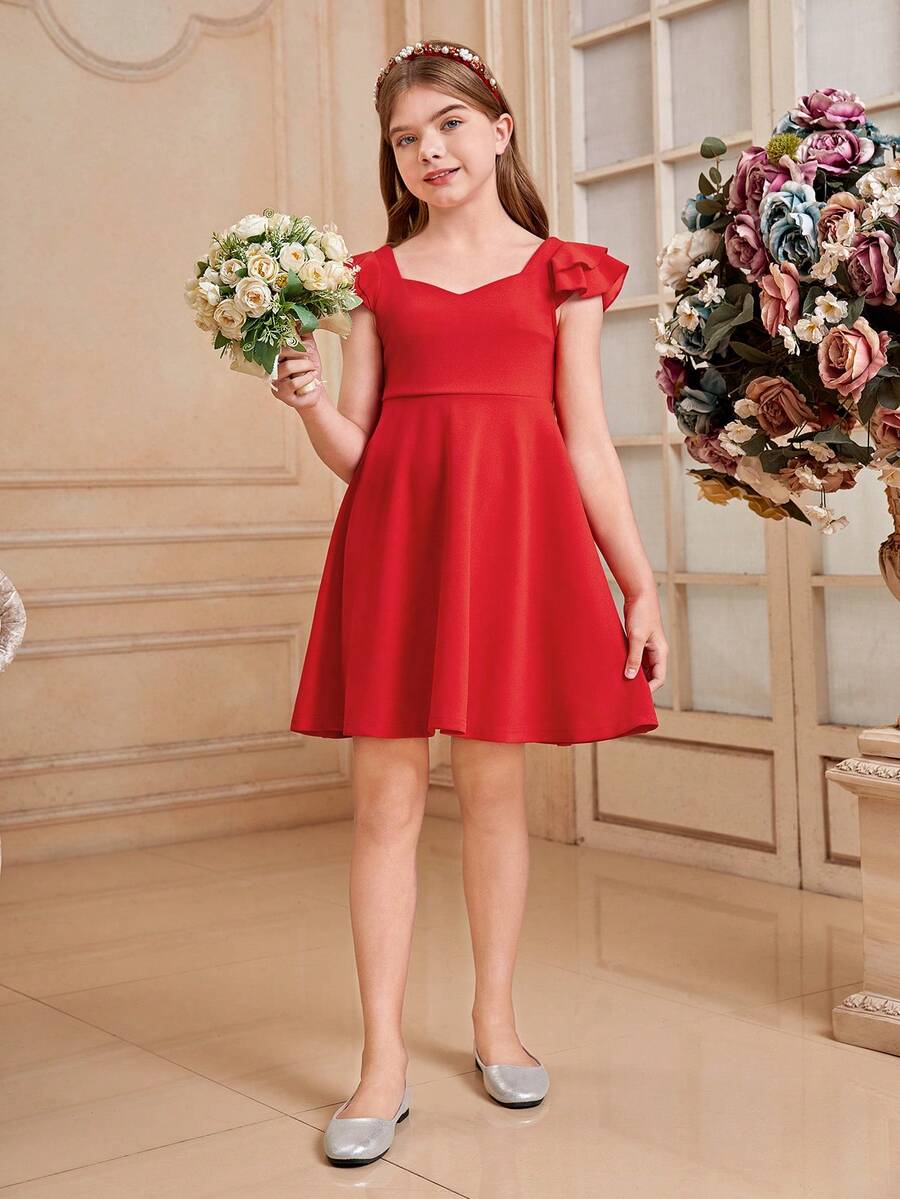SHEIN 少女雙層荷葉袖針織裙,愛心領設計 - 紅色 - 查看 1