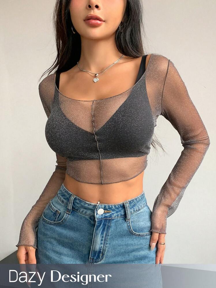 Top Donna A Maniche Lunghe In Rete - Crop Top Traspirante Con Collo A Lupetto E Orlo A Lattuga, Camicetta Y2K Sexy, Vestibilità Comoda, Perfetto Per Uscite E Feste
