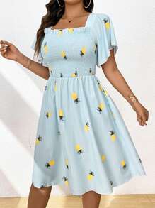 Flirla Kích thước lớn Của phụ nữ Đúng mốt vui tươi In dứa Váy dây treo Với Vắt Thiết kế Cho mùa hè - Màu xanh nhạt - Xem 3