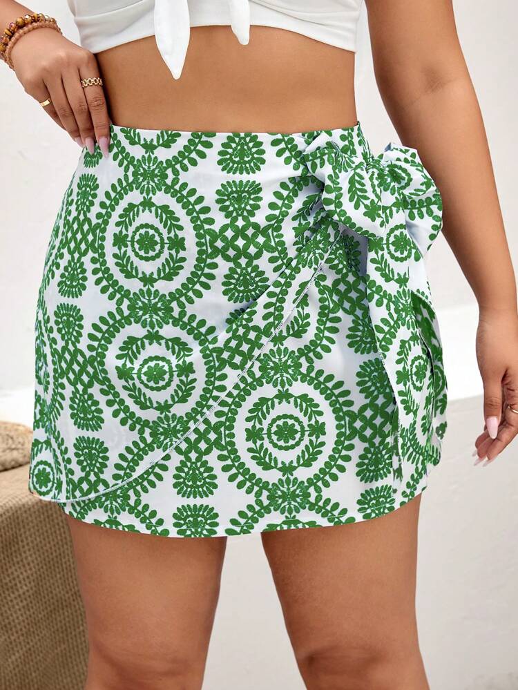 Plus Size Allover Print Knot Side Summer Skirt