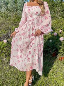 Breezaya Women's Off Shoulder Chiffon Printed French Elegant Dress, Suitable For Summer Maxi Vacation Beach Outfit - Pink - View 5