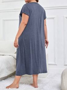 SHEIN Loose And Breathable Plus Size Pajama Night Dress, Long Dress - Navy Blue - View 2