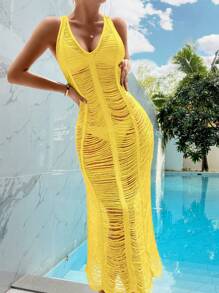 SHEIN Swim Beach Dresses For Women Fashionable Hollow Out Crisscross Backless Perspective Mesh Cover Up Dress In Solid Color,Summer Beach - Yellow - View 1