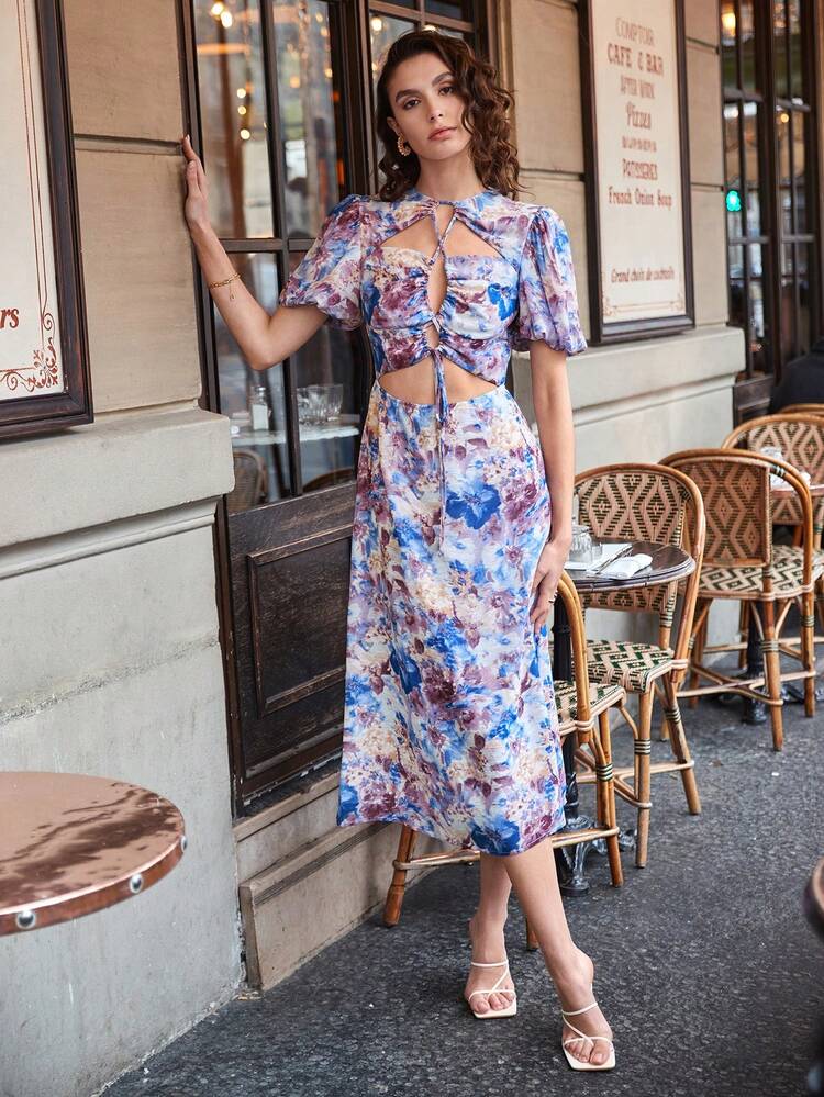 Cross Strap Hollow Out Bubble Sleeve Floral Print Dress For Vacation Summer Flower Beach