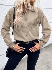 SHEIN Privé Women's Long Sleeve Shirt With Tassel Design - Apricot - View 4