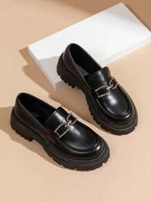 Women's Black Minimalist Style Thick-Sole Loafers With Rhinestone Decor, Mary Janes And Casual Fashion Flats For Spring/Autumn Valentines