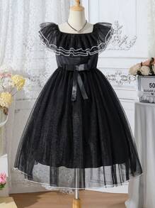SHEIN Vestido De Malla De Encaje Multicapa De Cuello Cuadrado Para Niñas Tween - Negro - Ver 1