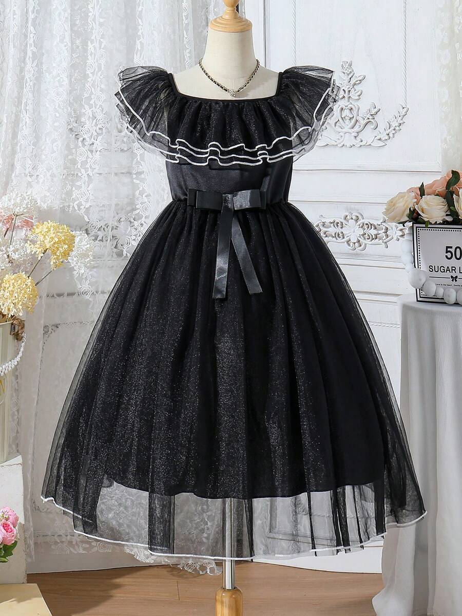 SHEIN Vestido De Malla De Encaje Multicapa De Cuello Cuadrado Para Niñas Tween - Negro - Ver 1