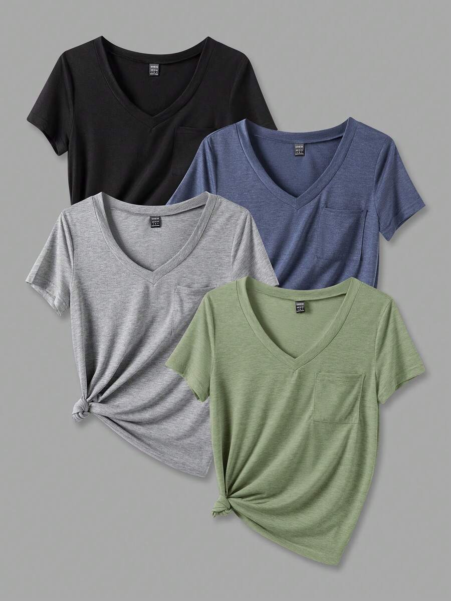 Omancia Camiseta Casual De Cuello En V De Color Sólido - Multicolor - Ver 1