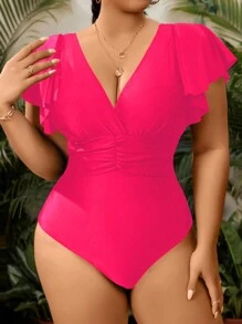 Swim Lushoire Traje de baño de una pieza con mangas estilo flutter y detalle fruncido en tamaño grande para verano en la playa con unicolor