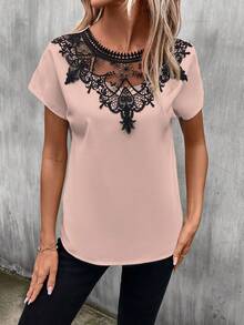 SHEIN LUNE 女士時尚優雅黑色蕾絲拼接短袖襯衫 - 藕粉色 - 查看 5