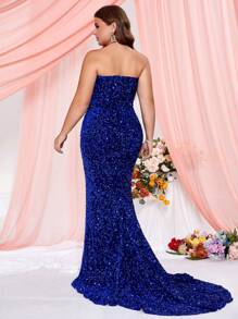 Plus Split Thigh Sequin Prom Dress Elegant Formal Evening Wedding Guest Gown, For Graduation, Dinner - Blue - View 7