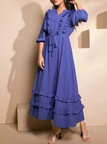Seusyu 女性v領轉角口鐘形袖荷葉邊裝飾長裙,附腰帶 - 藍色 - 查看 1
