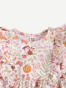 Conjunto de 2 piezas para bebé niña: vestido de cuello redondo con estampado de dibujos animados de plantas, con volantes y mangas abullonadas