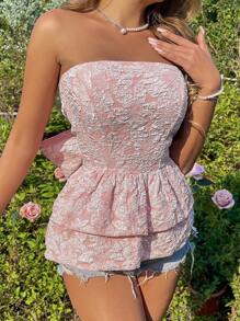 Breezaya Women's Floral Texture Ruffle Hem Strapless Top With Bowknot Belt Ideal For Graduation And Summer - Pink - View 3