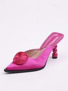 女式梅紅色高跟尖頭涼鞋,帶有小圓花裝飾 - 玫紅色 - 查看 4