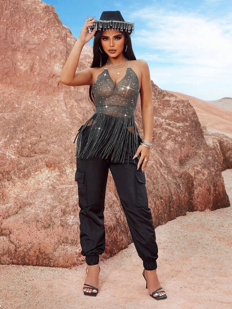 Music Festival Western Style Boho Fashion Gorgeous Women's Black Aluminum Klein Stone Rhinestone Laser Hollow Metallic Sexy Resort Nightclub Charming High-End Elegant Fitted Short Chain Sling Shoulder Straps Adjustable Hem Tassel Short Tank Top