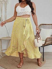 SHEIN VCAY 大尺碼女士假期風格花卉印花不對稱長裙，裙擺有褶邊 - 黃色 - 查看 1