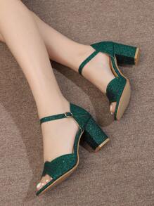 女士简约夏季粗跟圆头凉鞋，百搭 - 墨綠色 - 查看 3