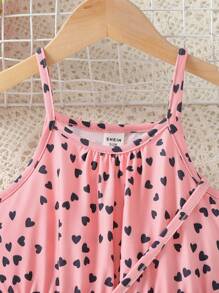 Rompers estampado de corazón con tirantes espagueti y cintura elástica para niñas jóvenes para las vacaciones de verano en la playa y el tiempo de juego, verano