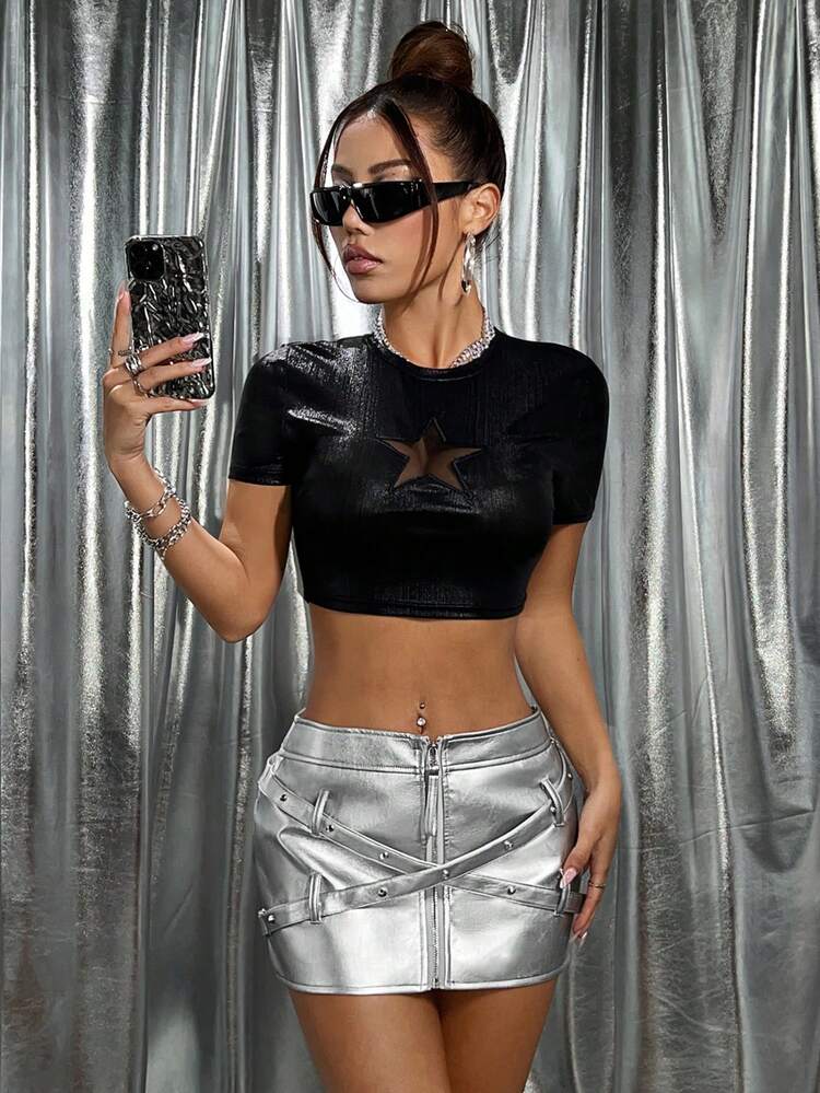 Studded Belt Zipper Mini Solid Color Skirt