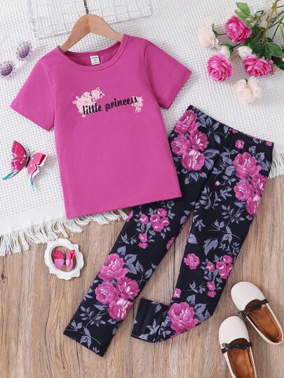 SHEIN Young Girl Letter & Floral Printed Short Sleeve T-Shirt And Pants Summer Holiday