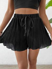 Firerie Short de verano negro, elegante y versátil para mujer, con pliegues lisos, cintura elástica de pierna ancha, ideal para salidas casuales y vacaciones - Negro - Ver 4
