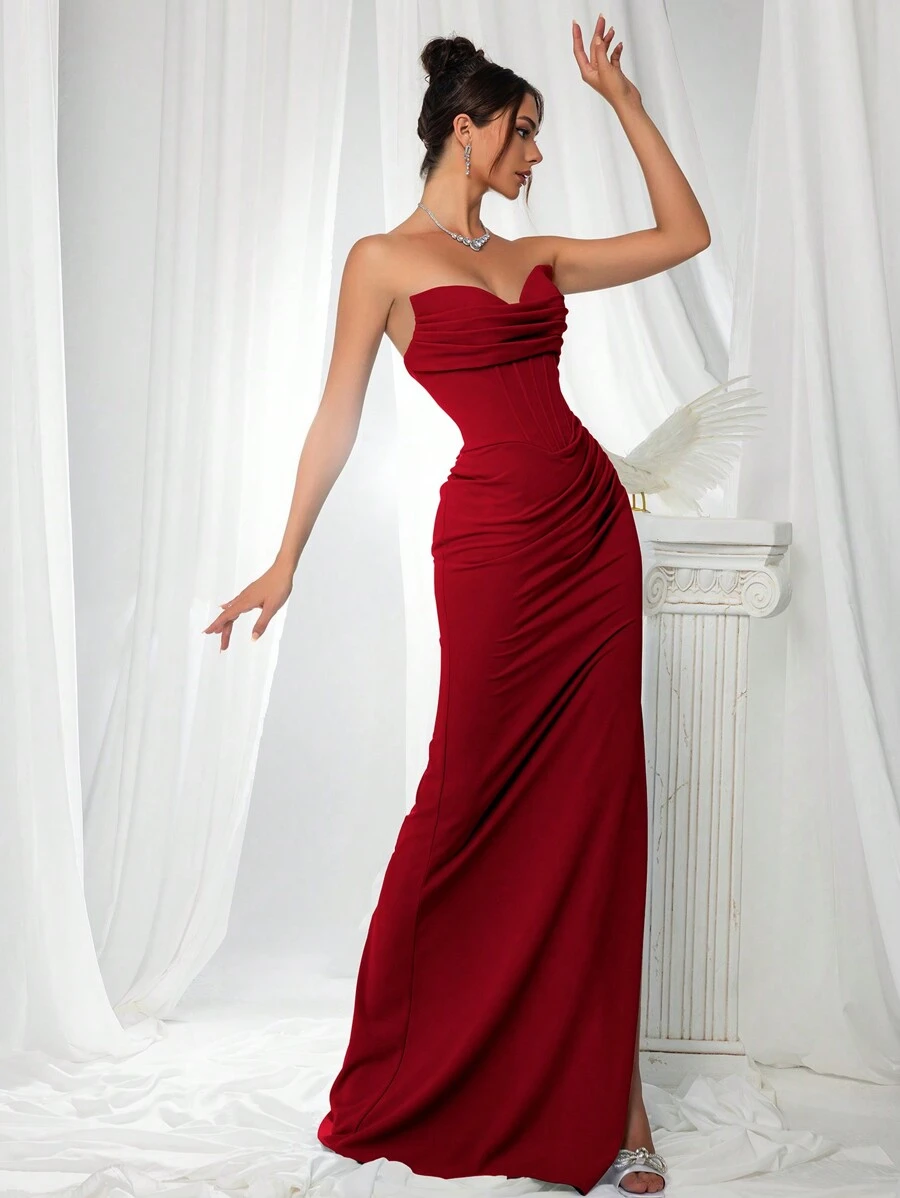 VIPGIRL Elegant Bridesmaid Dress: Strapless Flattering Fitted Satin Gown With Corset Bodice & Draped Waist – Minimalist Luxury Formal Evening Wear, Wedding Guest Outfit - Red - View 1