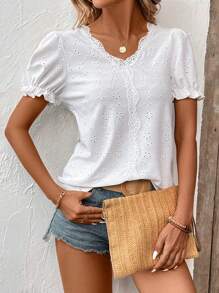 SHEIN LUNE Women's Lace Splice Short Puff Sleeve T-Shirt