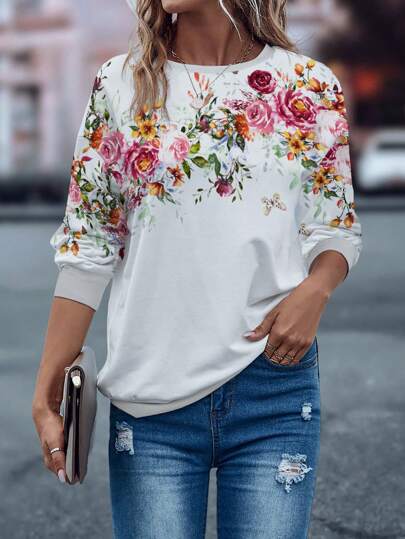 EMERY ROSE Women's Drop Shoulder Long Sleeve Floral Print Round Neck Sweatshirt Pullover Fall Outfit