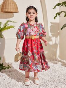 SHEIN Young Girl Printed V-Neck 3/4 Sleeve Dress With Floral Design - Red - View 3
