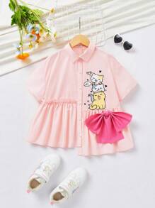 SHEIN Tween Girl Woven Solid Color Cute Cat Pattern Loose Casual Shirt - Baby Pink - View 1