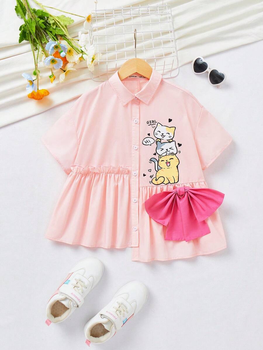 SHEIN Tween Girl Woven Solid Color Cute Cat Pattern Loose Casual Shirt - Baby Pink - View 1
