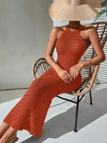 Breezaya Women's Summer Holiday Style Hollow Out Long Halter Neck Dress - Red - View 6