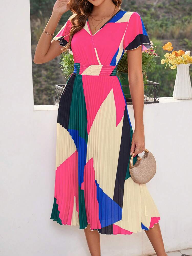 Women's Color Block Ruffled Sleeve Pleated Hem Waist Belted Dress Mother Day Dress Concert Outfits