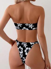 SHEIN Swim 女士时尚花卉印花比基尼套装夏季海滩 - 黑色 - 查看 2