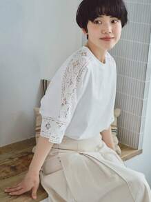 FRIFUL Ladies Lace Patchwork Stand Collar T-Shirt - White - View 1