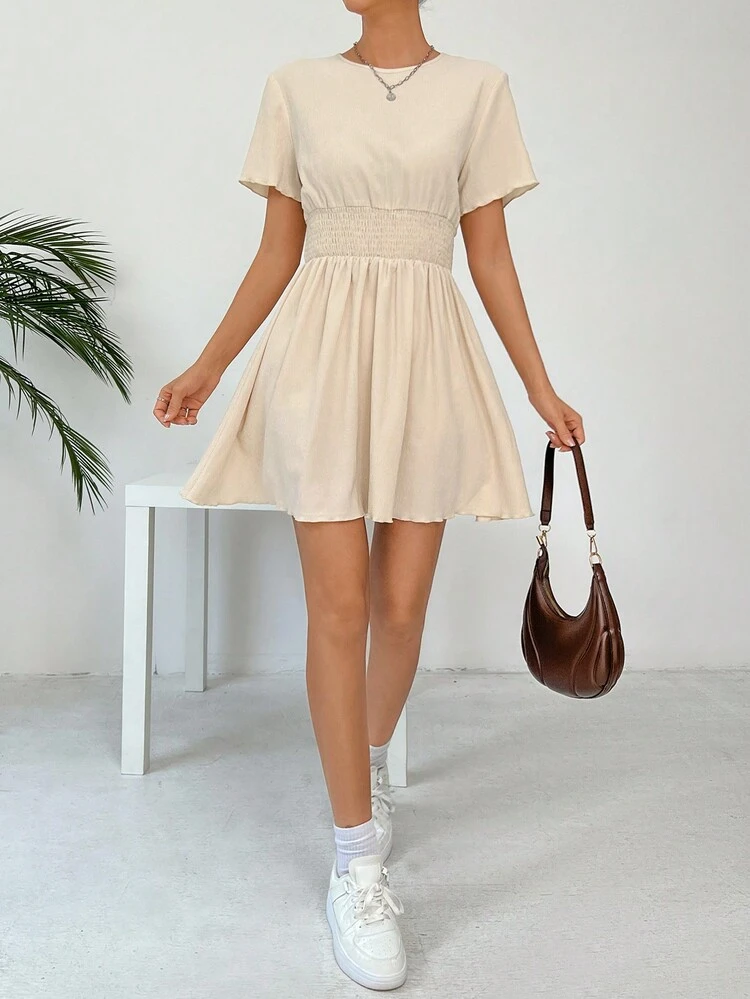 Women's Round Neck Short Sleeve Waist Wrapped Casual Dress