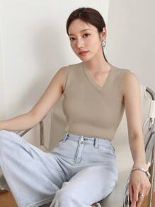 DAZY Sleeveless Solid Color Business Casual Women Knit Top - Khaki - View 5