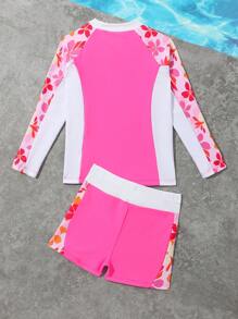 SHEIN Young Girls' Floral Print Long Sleeve Rash Guard Tankini Swimwear Set With Patchwork