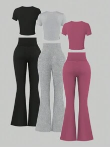 SHEIN Unity 3 件套圆领短袖 T 恤和高腰喇叭裤休闲套装 - 彩色 - 查看 2