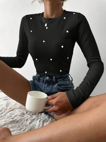 EURMUSE Women's Love Heart Embroidered Ribbed Long Sleeve Tee - Black - View 5