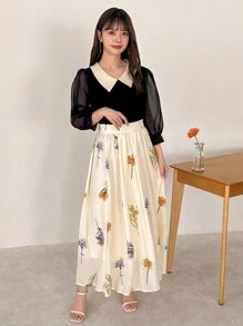 FRIFUL 女式拼色网眼拼接休闲工作T恤长袖女式上衣 - 黑色 - 查看 2