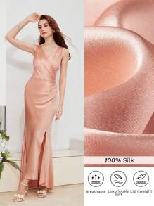 MOTF PREMIUM Lụa Surplice cổ Xù Tách đùi Đầm - Màu Cam san hô - Xem 2